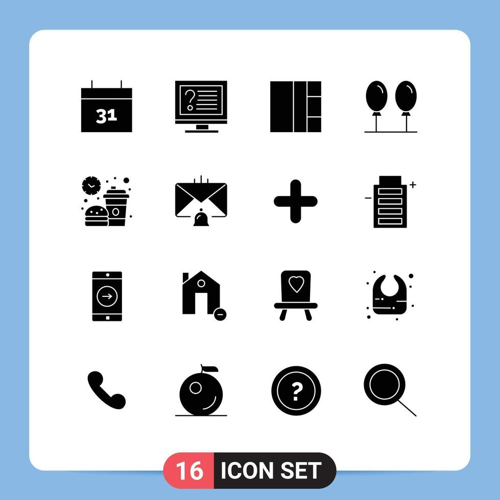 Universal Icon Symbols Group of 16 Modern Solid Glyphs of meal food grid coffee fly Editable Vector Design Elements