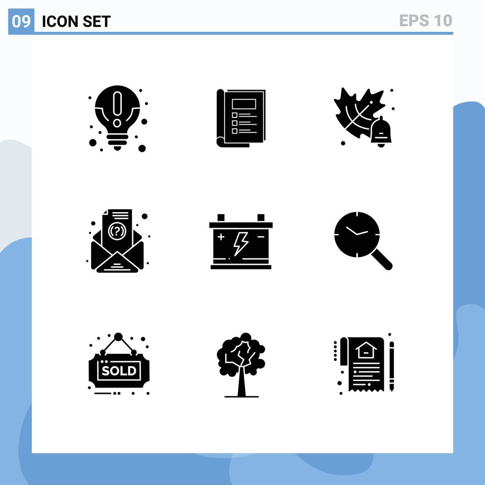 paquete de 9 signos y símbolos de glifos sólidos modernos para medios de impresión web, como la batería del automóvil, el acumulador de otoño, el boletín informativo, los elementos de diseño vectorial editables vector