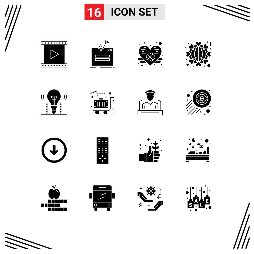 Solid Glyph Pack of 16 Universal Symbols of world like password heart saint patrick Editable Vector Design Elements