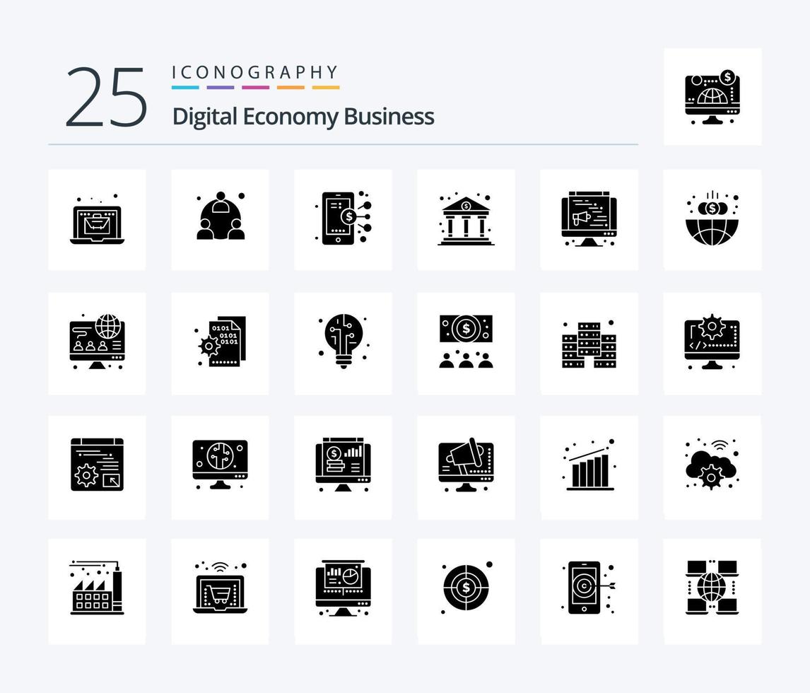 Digital Economy Business 25 Solid Glyph icon pack including speaker. finance. digital. economy. bank vector