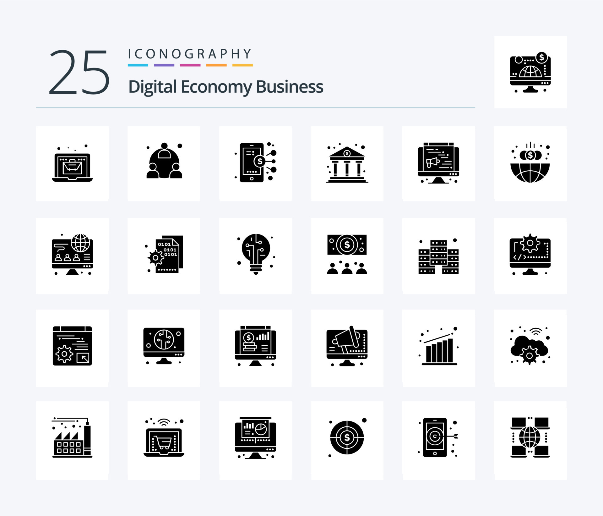 Digital Economy Business 25 Solid Glyph icon pack including speaker