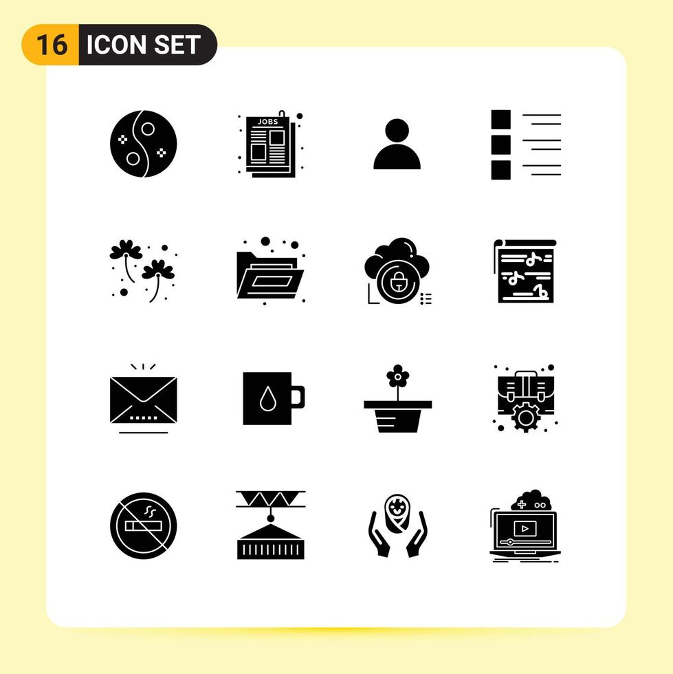 conjunto de pictogramas de 16 glifos sólidos simples de elementos de diseño vectorial editables de lista de anuncios de trabajo de menú de trébol vector