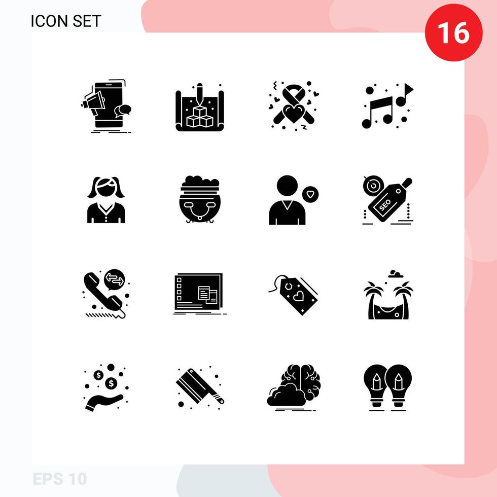 Mobile Interface Solid Glyph Set of 16 Pictograms of mother sound web note ribbon Editable Vector Design Elements