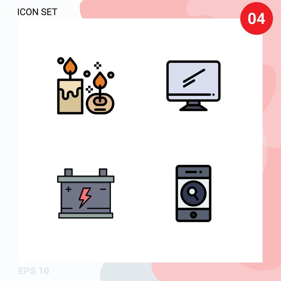paquete de 4 colores planos creativos de línea de relleno de elementos de diseño de vector editables de batería de monitor de vela de pc de aroma