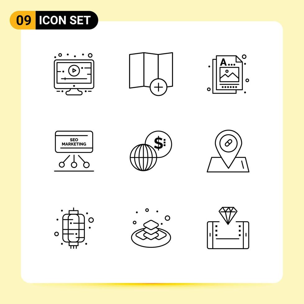 Mobile Interface Outline Set of 9 Pictograms of markets business idea meeting presentation Editable Vector Design Elements
