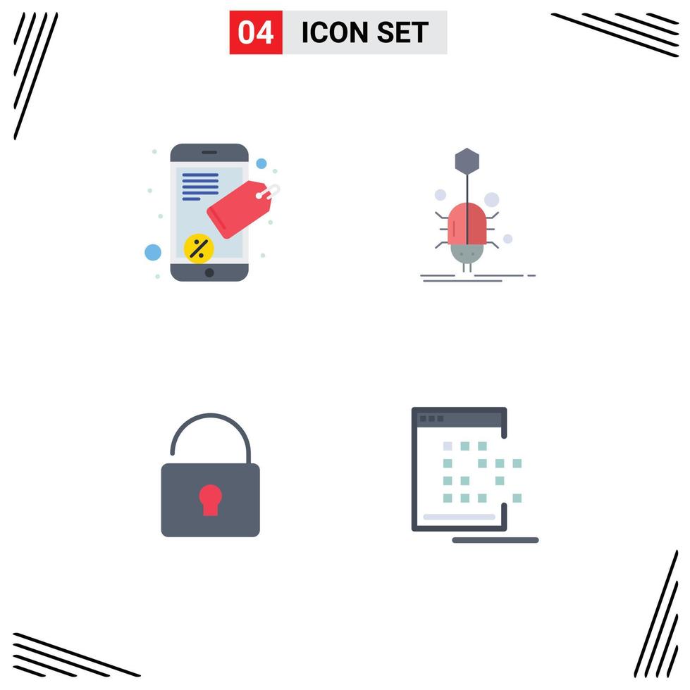 Modern Set of 4 Flat Icons Pictograph of connect lock bug virus mobile Editable Vector Design Elements