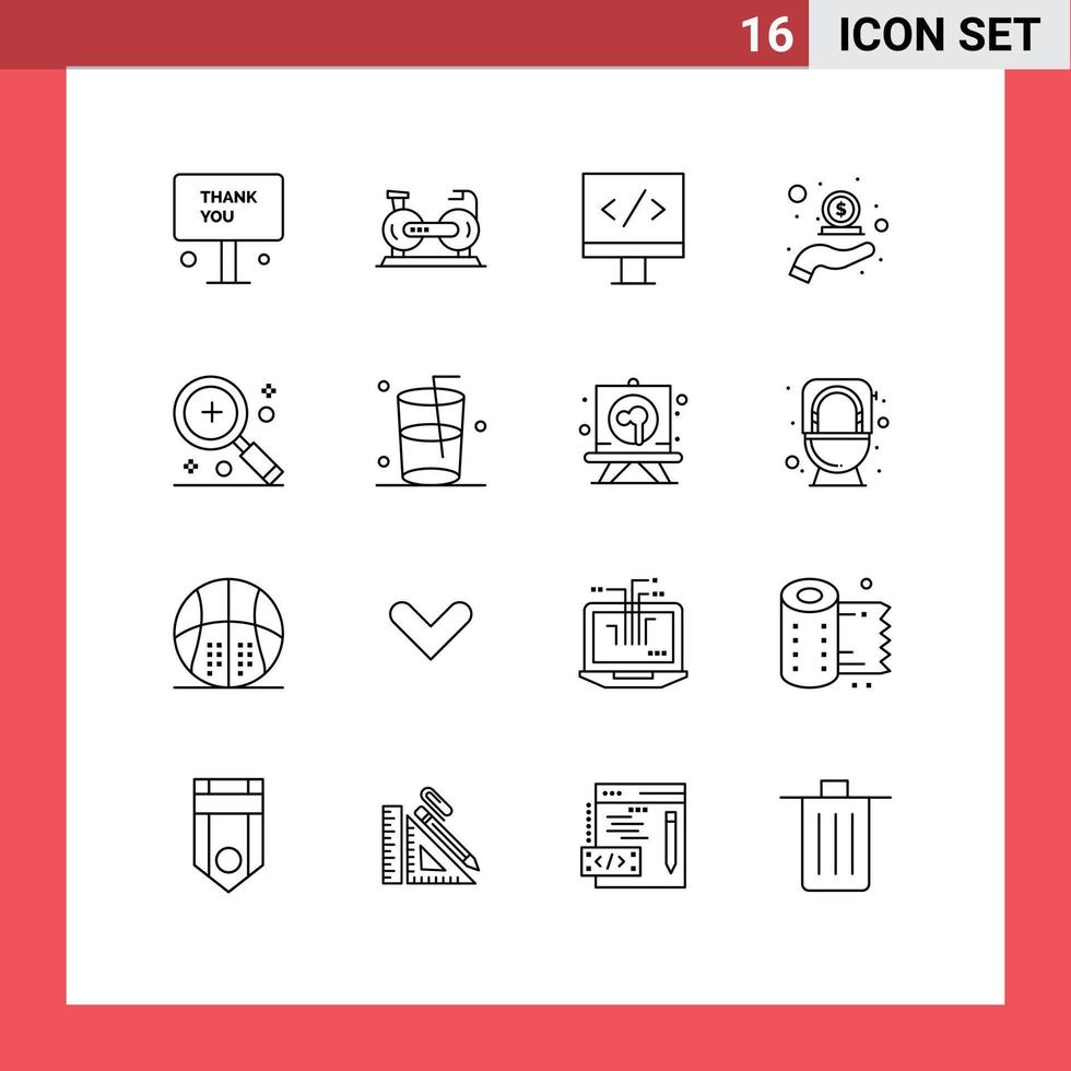 Pack of 16 Modern Outlines Signs and Symbols for Web Print Media such as money hand bike cash back development Editable Vector Design Elements