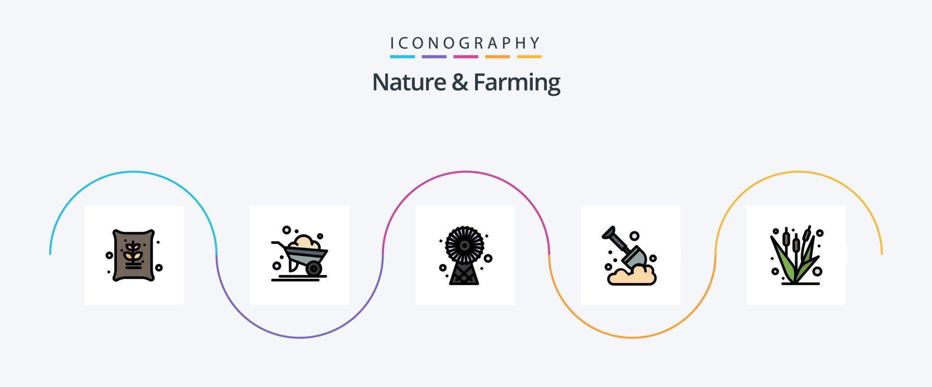 la naturaleza y la línea agrícola llenaron el paquete de iconos planos 5 que incluye el cultivo. pala. edificios agricultura. agricultura vector