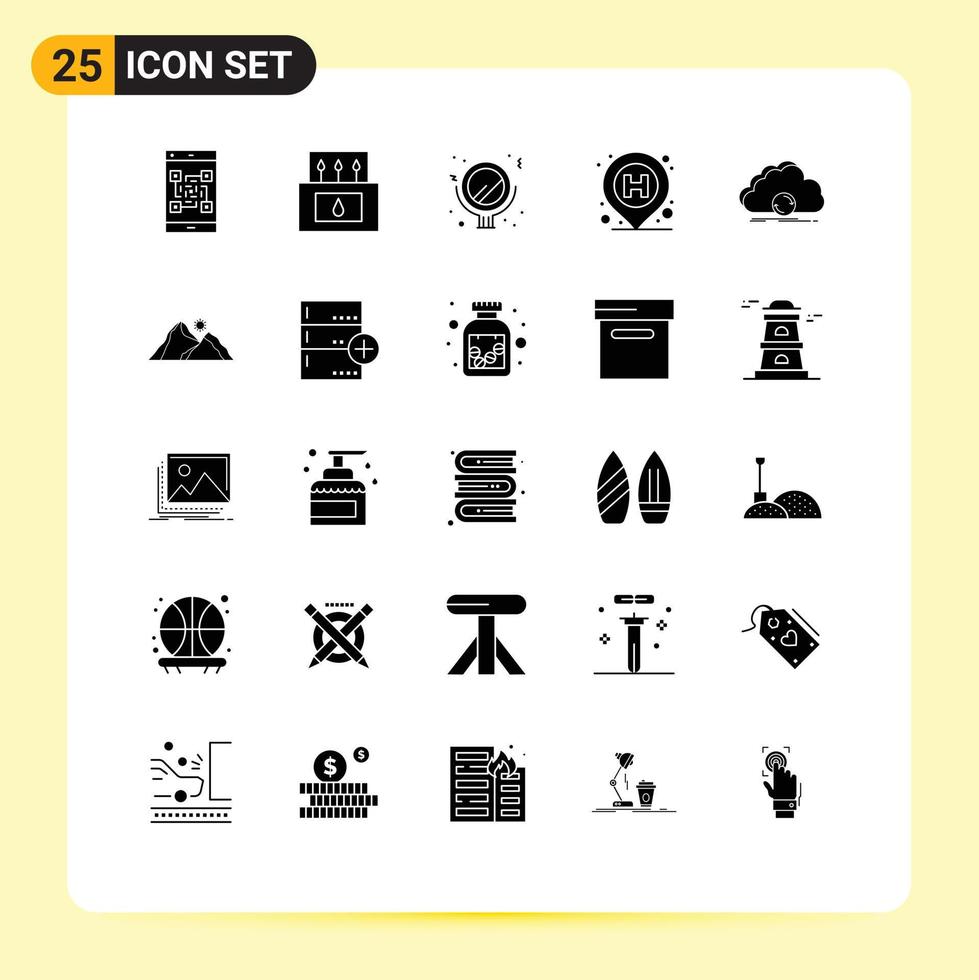 Pictogram Set of 25 Simple Solid Glyphs of syncing sign nature pin hospital Editable Vector Design Elements