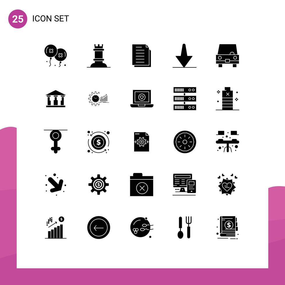 25 Universal Solid Glyphs Set for Web and Mobile Applications transport filled document down arrow Editable Vector Design Elements