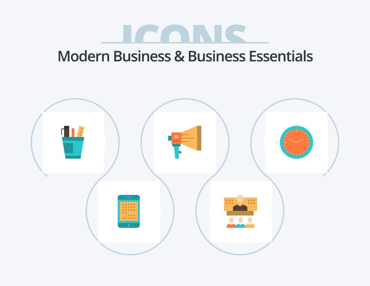 Modern Business And Business Essentials Flat Icon Pack 5 Icon Design. supply. organizer. call. office. pen vector