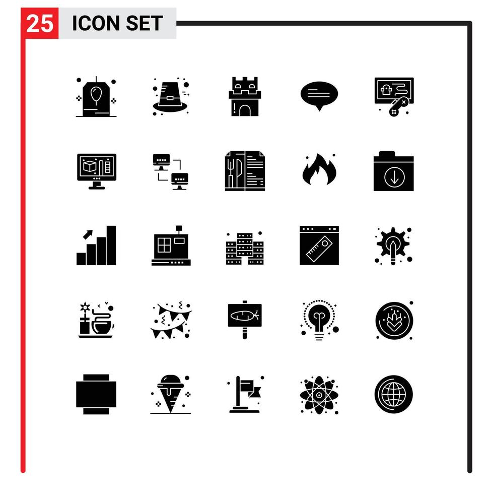 Group of 25 Modern Solid Glyphs Set for hobby messages beach conversation sandcastle Editable Vector Design Elements