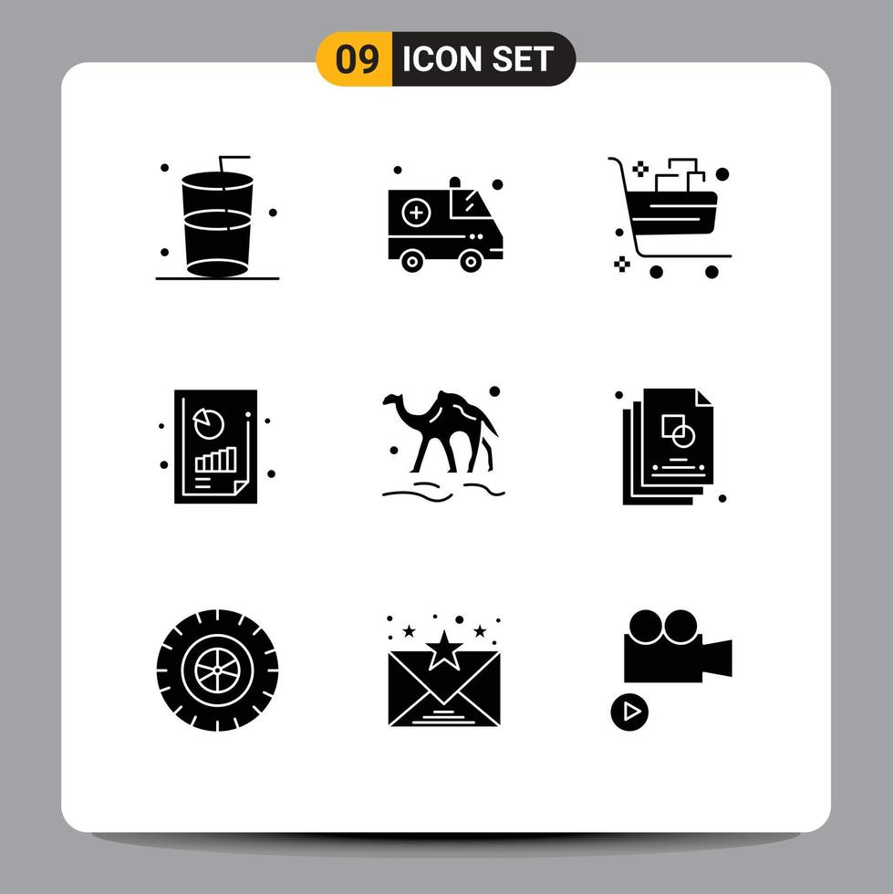 Modern Set of 9 Solid Glyphs and symbols such as animal camel cart graph analysis financial performance Editable Vector Design Elements