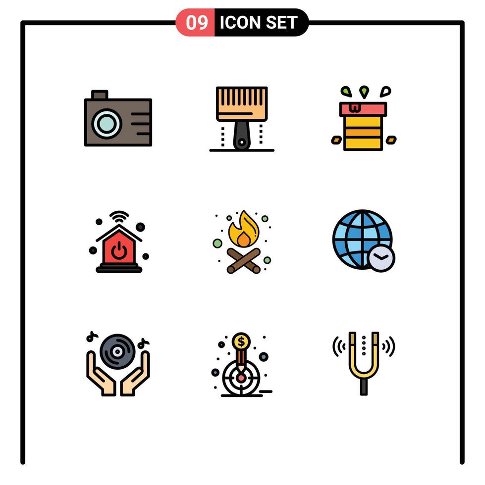 Modern Set of 9 Filledline Flat Colors Pictograph of fire internet of things bag intelligent home water Editable Vector Design Elements
