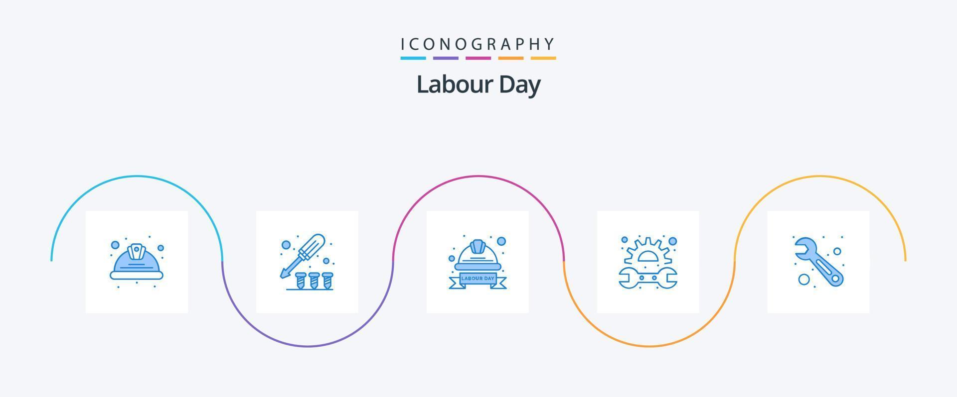 Labour Day Blue 5 Icon Pack Including spanner. mechanic. screw. gear. helmet vector
