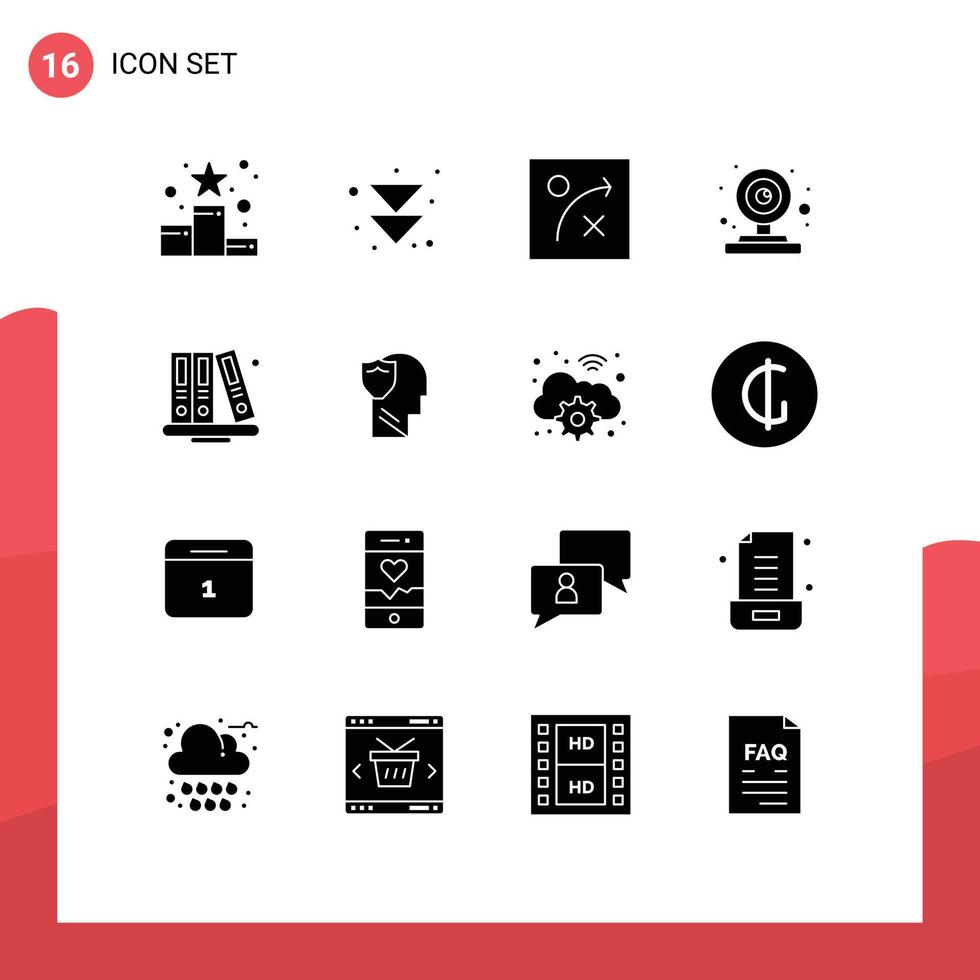 16 Thematic Vector Solid Glyphs and Editable Symbols of library books algorithm back to school webcam Editable Vector Design Elements