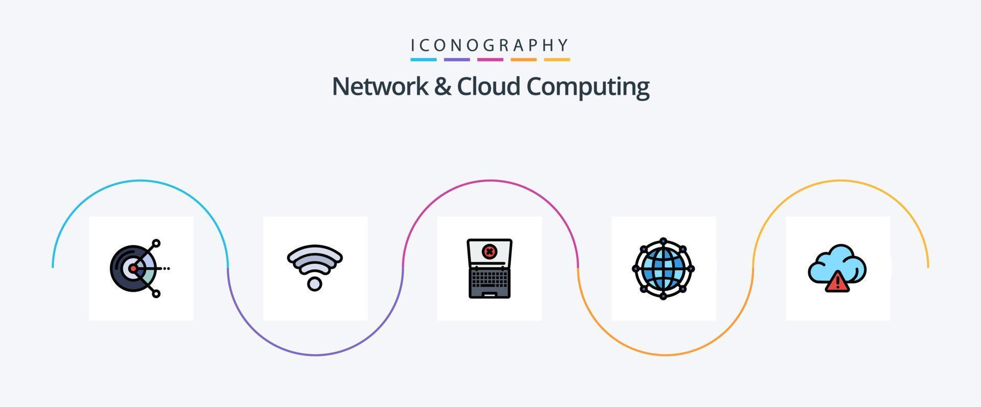 la línea de red y computación en la nube llenó el paquete de iconos planos 5 que incluye tecnología. nube. informática. tecnología. Internet vector