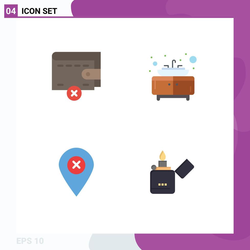 Mobile Interface Flat Icon Set of 4 Pictograms of delete pin bathroom location lighter Editable Vector Design Elements