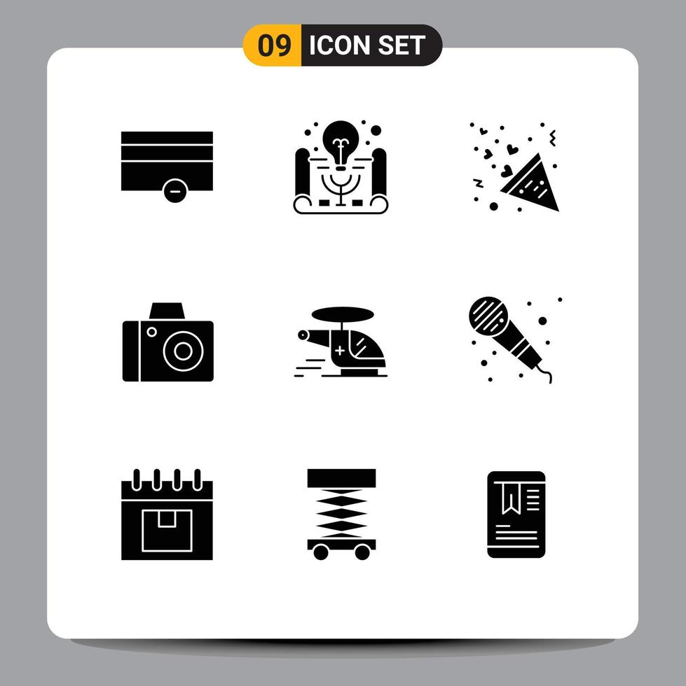 Set of 9 Vector Solid Glyphs on Grid for medical helicopter celebration studio camera Editable Vector Design Elements