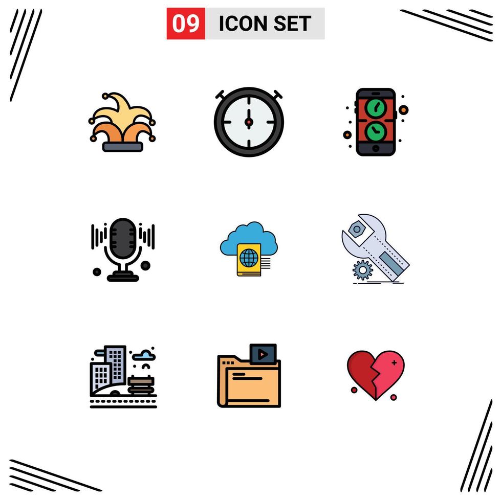 Set of 9 Vector Filledline Flat Colors on Grid for settings folder mobile reading sound Editable Vector Design Elements