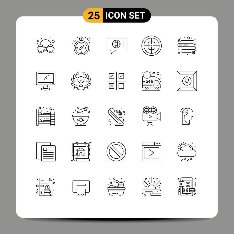 Mobile Interface Line Set of 25 Pictograms of place distance technical target military Editable Vector Design Elements