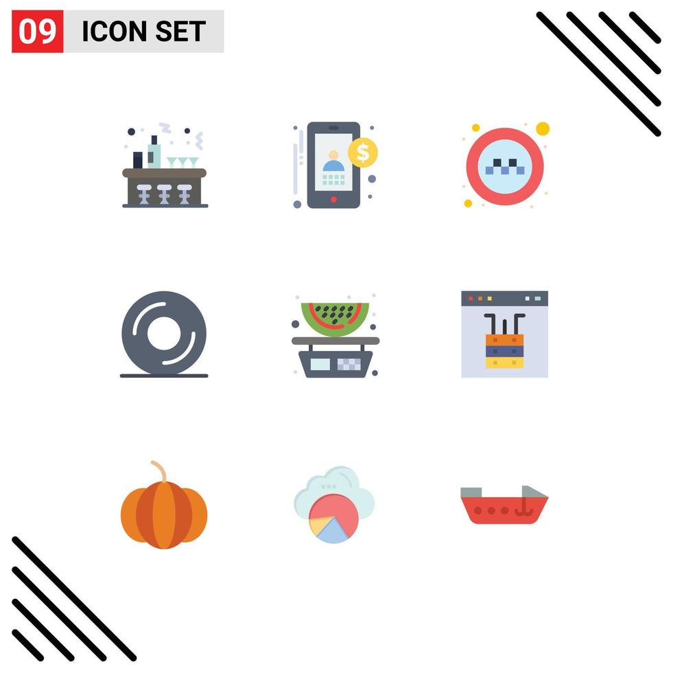 conjunto de 9 paquetes de colores planos comerciales para elementos de diseño vectorial editables de cd de disco público de alimentos balanceados vector