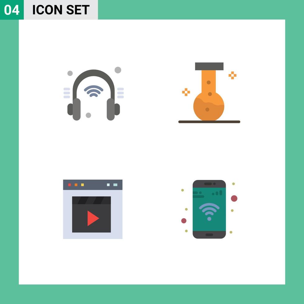 4 Universal Flat Icon Signs Symbols of headphone film internet of things laboratory movie Editable Vector Design Elements