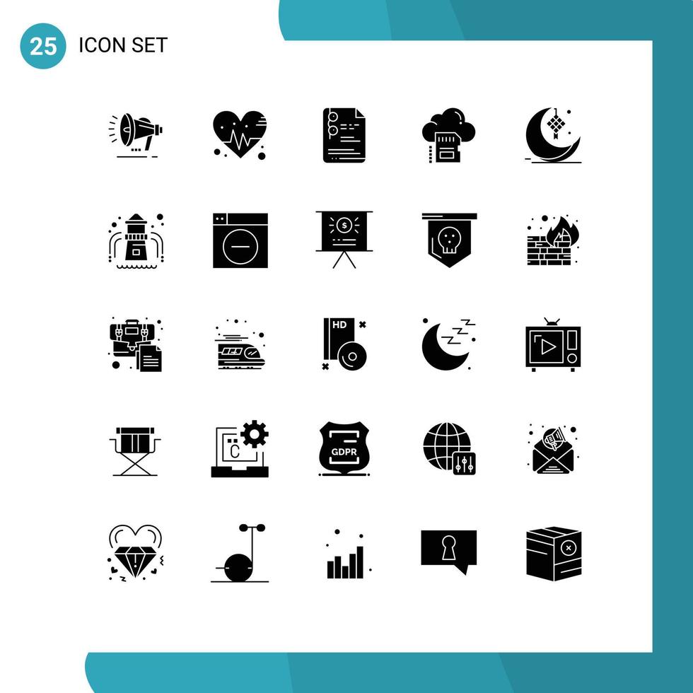 Pack of 25 creative Solid Glyphs of cresent archive document cloud card Editable Vector Design Elements