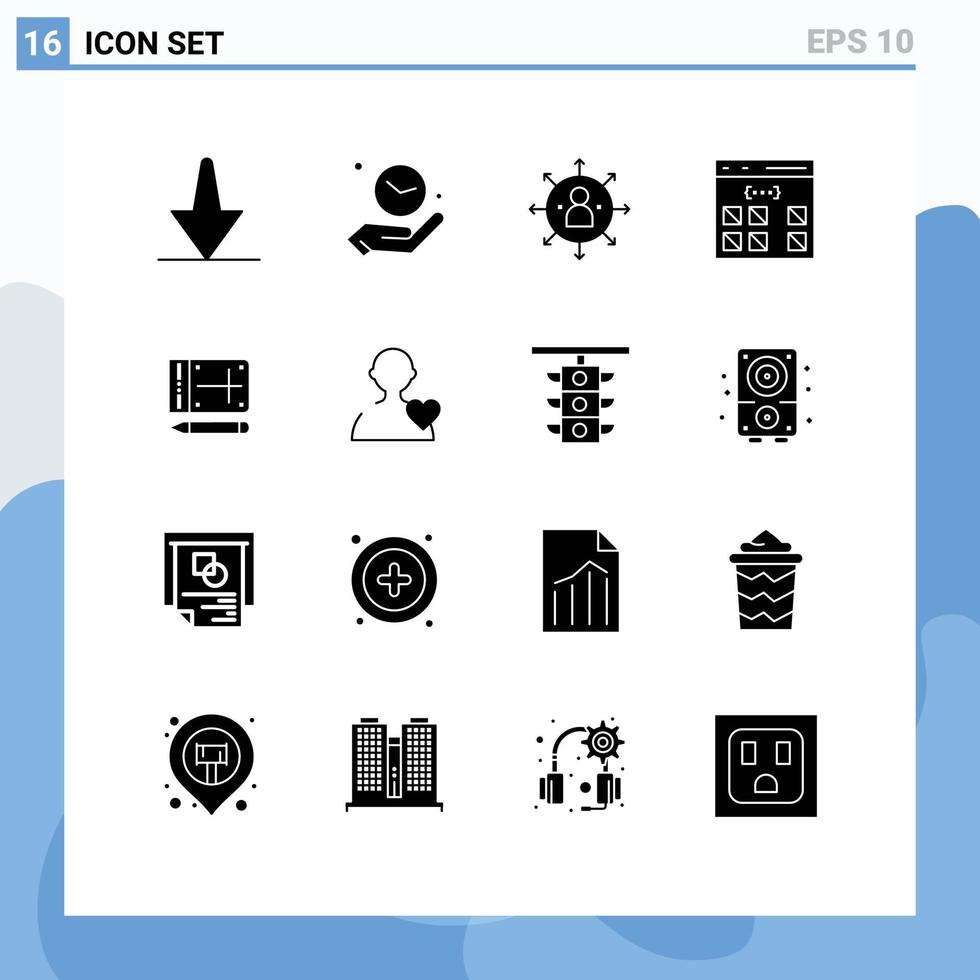 Set of 16 Vector Solid Glyphs on Grid for mobile development arrows develop app Editable Vector Design Elements