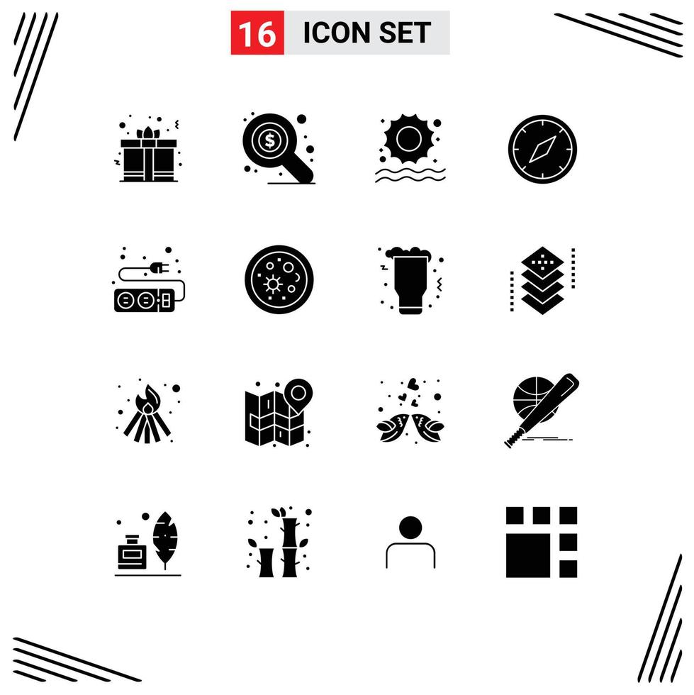 16 Universal Solid Glyphs Set for Web and Mobile Applications socket electric sun navigation gps Editable Vector Design Elements