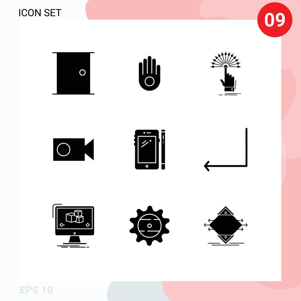 Set of 9 Vector Solid Glyphs on Grid for smart phone video reach record analytic Editable Vector Design Elements
