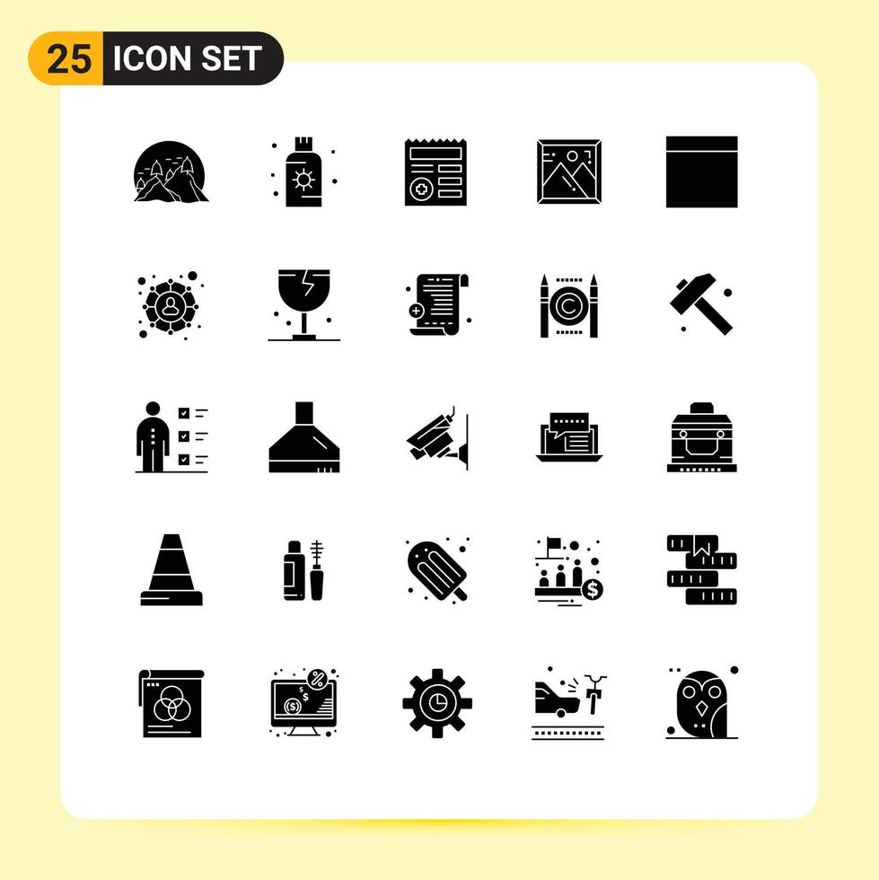 Modern Set of 25 Solid Glyphs Pictograph of grid photo sun frame ui Editable Vector Design Elements