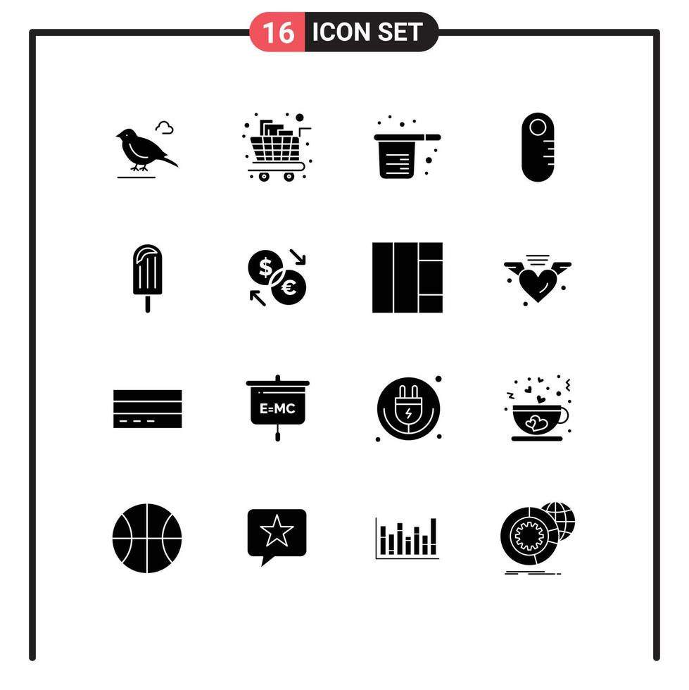 Pack of 16 Modern Solid Glyphs Signs and Symbols for Web Print Media such as beach ruler trolley grownup cups Editable Vector Design Elements