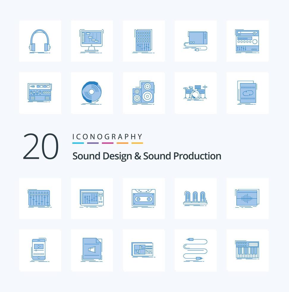 20 diseño de sonido y producción de sonido paquete de iconos de color azul como lámpara de tubo de cinta de frecuencia vector