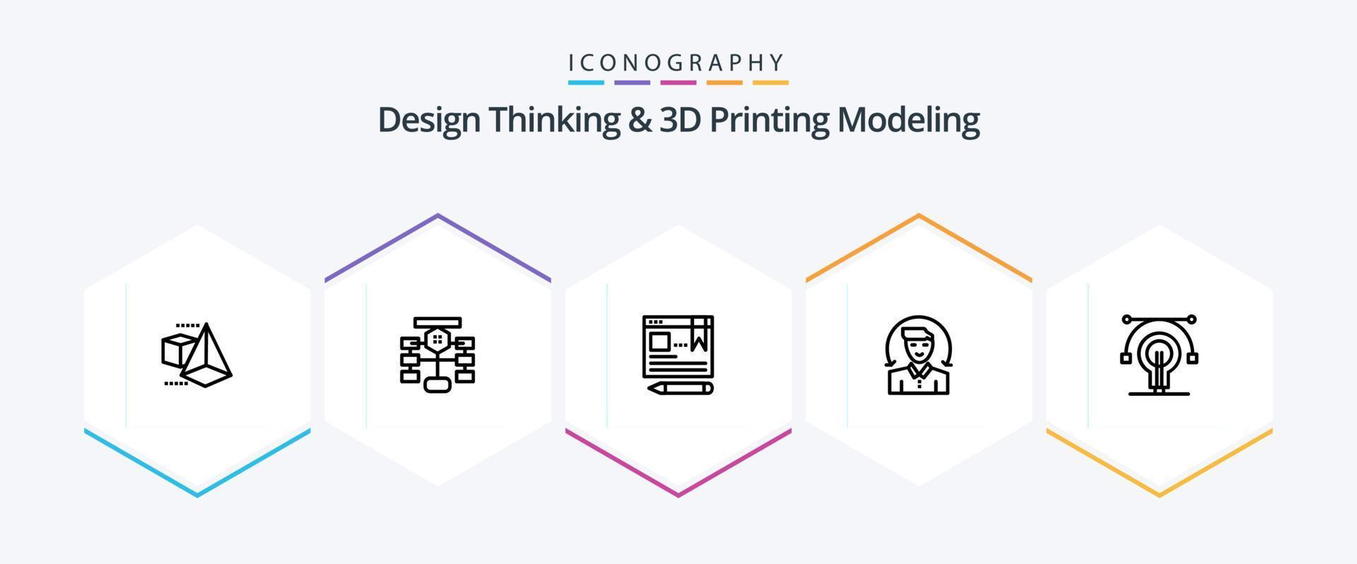 pensamiento de diseño y modelado de impresión d paquete de iconos de 25 líneas que incluye educación. servicios. navegador. cliente. usuario vector