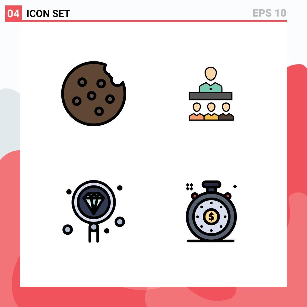 Modern Set of 4 Filledline Flat Colors and symbols such as cookie programming team coding clock Editable Vector Design Elements