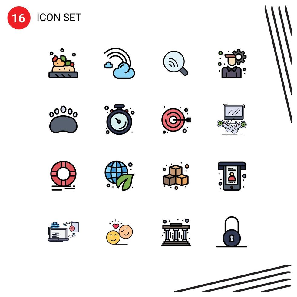 Set of 16 Commercial Flat Color Filled Lines pack for footprint bear search user setting account Editable Creative Vector Design Elements