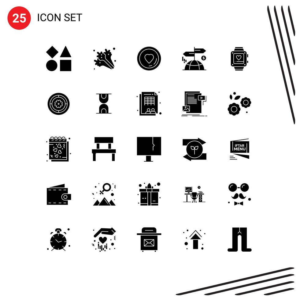 Mobile Interface Solid Glyph Set of 25 Pictograms of love marketing heart finance advertising Editable Vector Design Elements