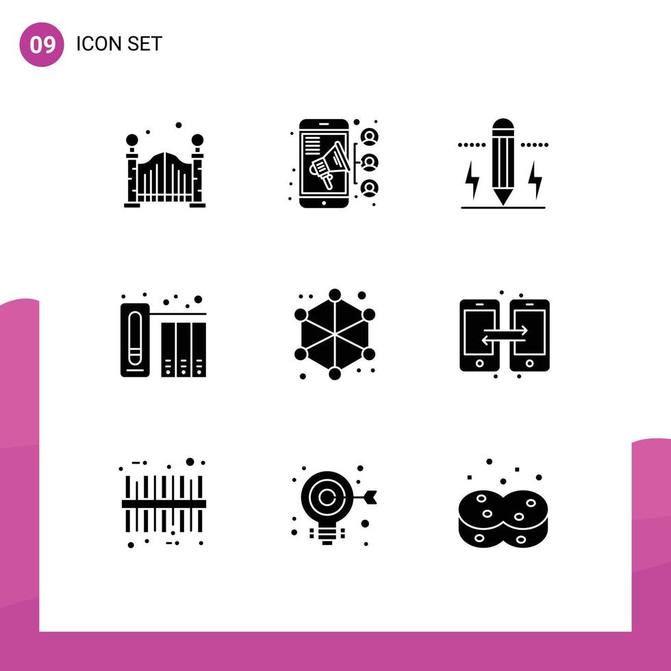 Pack of 9 Modern Solid Glyphs Signs and Symbols for Web Print Media such as data history drawing files data Editable Vector Design Elements