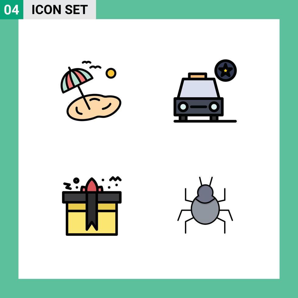 Mobile Interface Filledline Flat Color Set of 4 Pictograms of beach box spring star present Editable Vector Design Elements