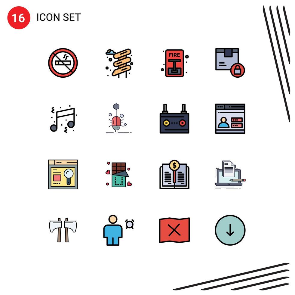 Universal Icon Symbols Group of 16 Modern Flat Color Filled Lines of music birthday evacuate secure lock Editable Creative Vector Design Elements