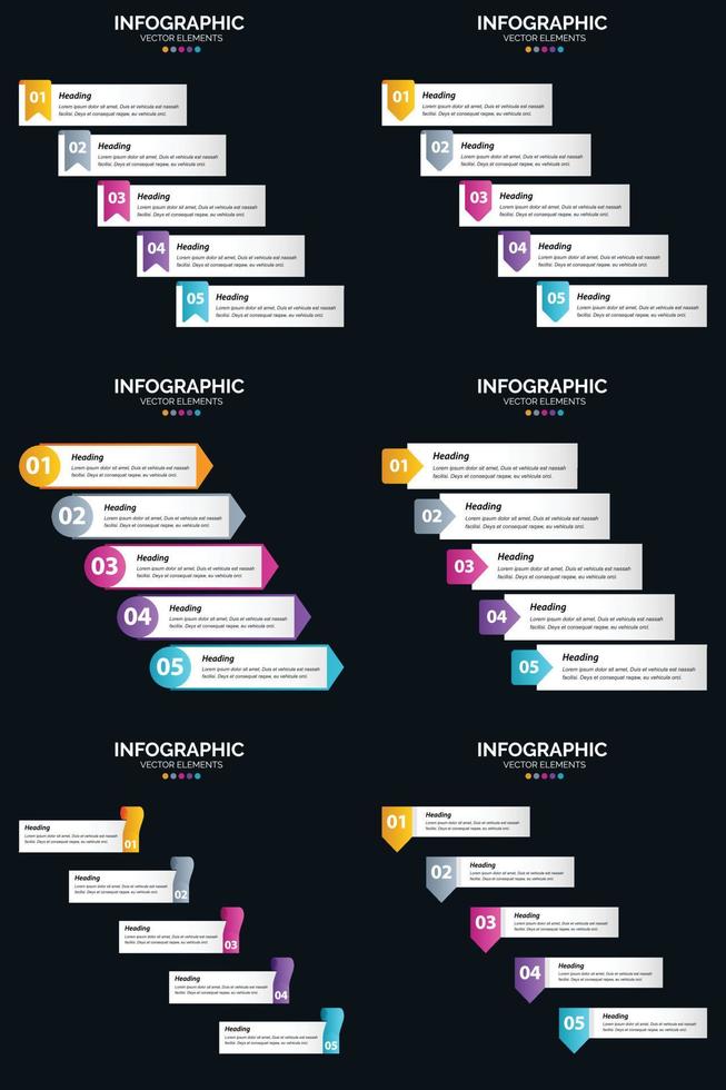 plantilla de diapositiva de presentación del paquete de infografías vectoriales 6 diagramas de ciclo de 5 pasos y líneas de tiempo vector