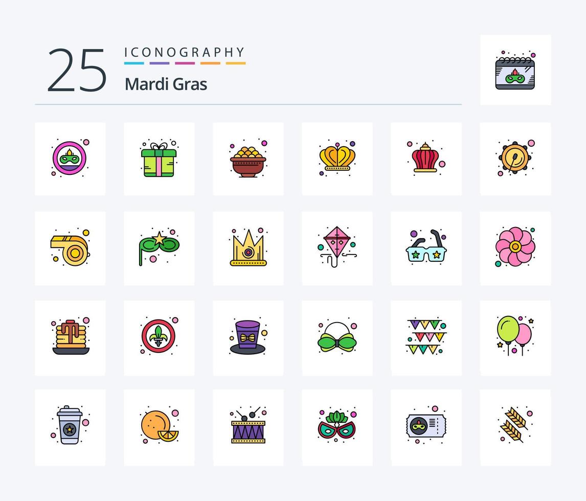 Mardi Gras 25 Line Filled icon pack including king. corona. bowl. king. crown vector