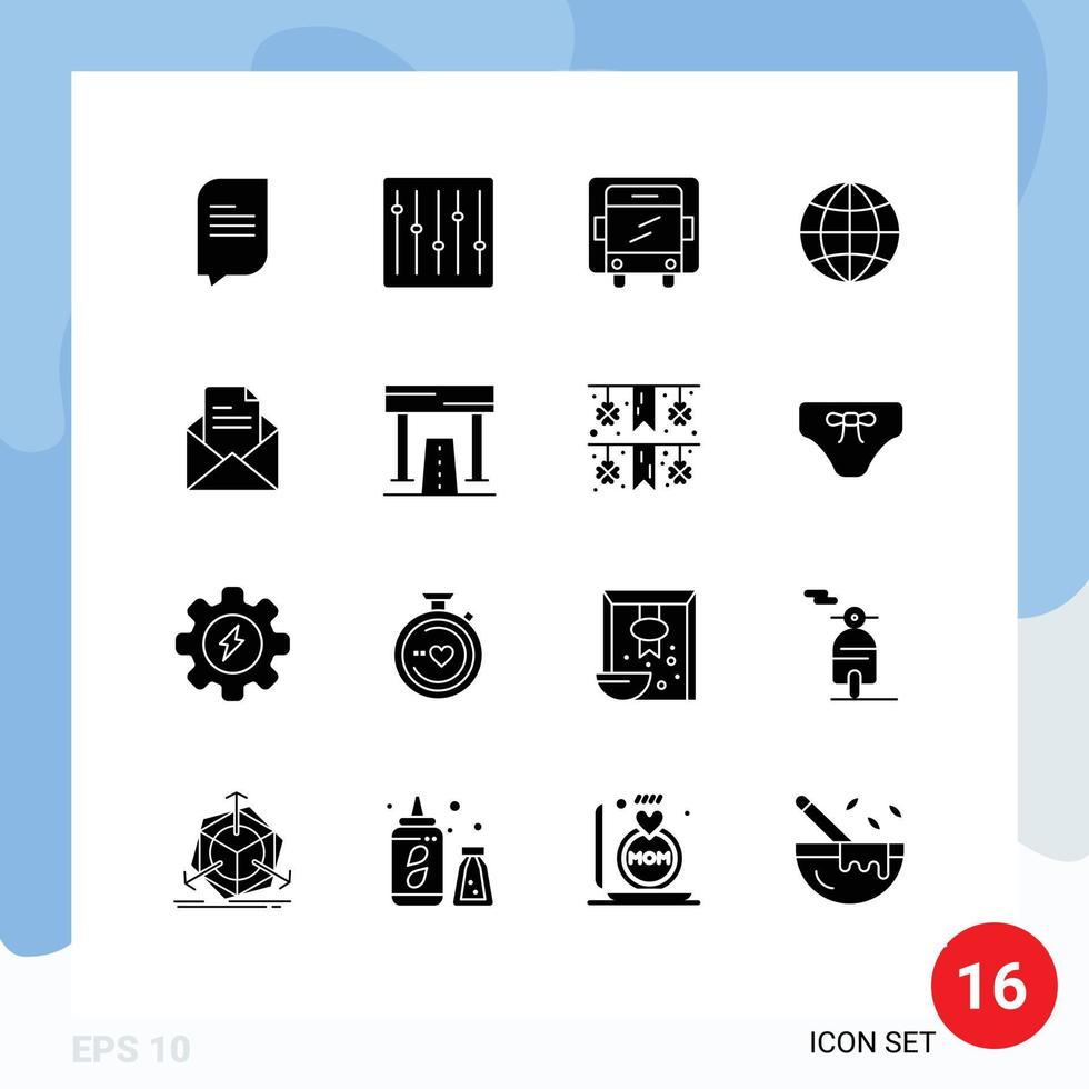 paquete de 16 signos y símbolos de glifos sólidos modernos para medios de impresión web, como elementos de diseño de vectores editables del mundo del correo de camiones de oficina