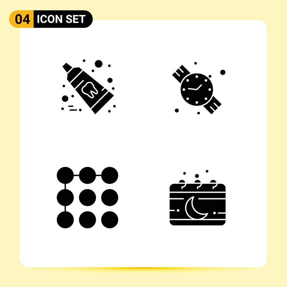 Set of 4 Vector Solid Glyphs on Grid for dental security toothpaste hand watch chinese Editable Vector Design Elements