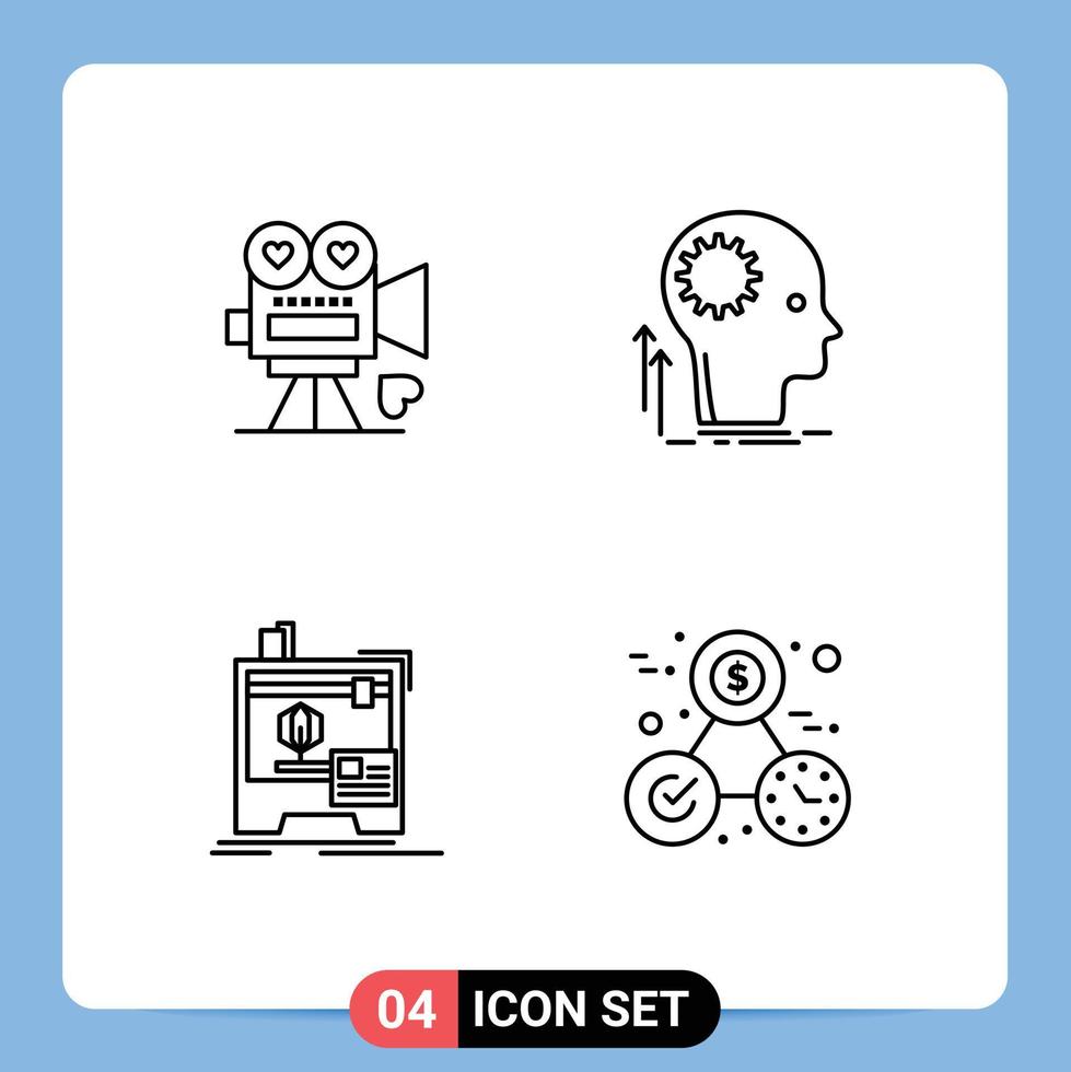 conjunto moderno de 4 colores planos y símbolos de línea de llenado, como la lluvia de ideas de la cámara, el amor, la máquina creativa, los elementos de diseño vectorial editables vector