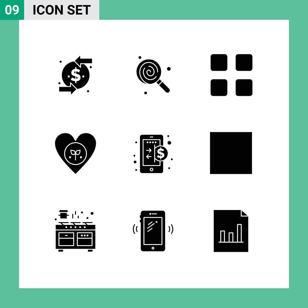 conjunto moderno de 9 glifos y símbolos sólidos, como elementos de diseño de vectores editables ecológicos favoritos de business heart calc