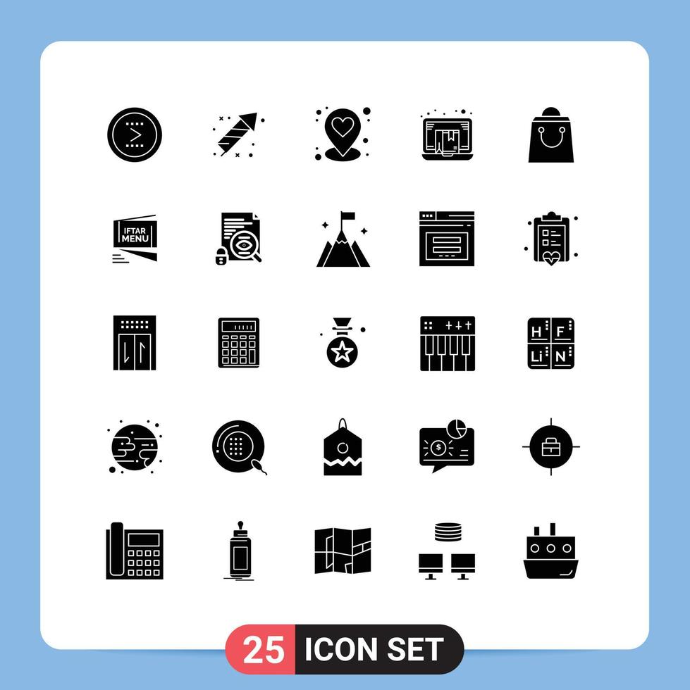 Pictogram Set of 25 Simple Solid Glyphs of laptop e eid drop shipper pin Editable Vector Design Elements