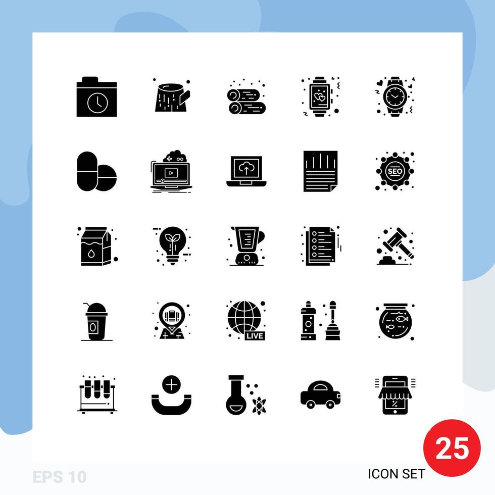 Pack of 25 Modern Solid Glyphs Signs and Symbols for Web Print Media such as love heart fireplace wedding time Editable Vector Design Elements
