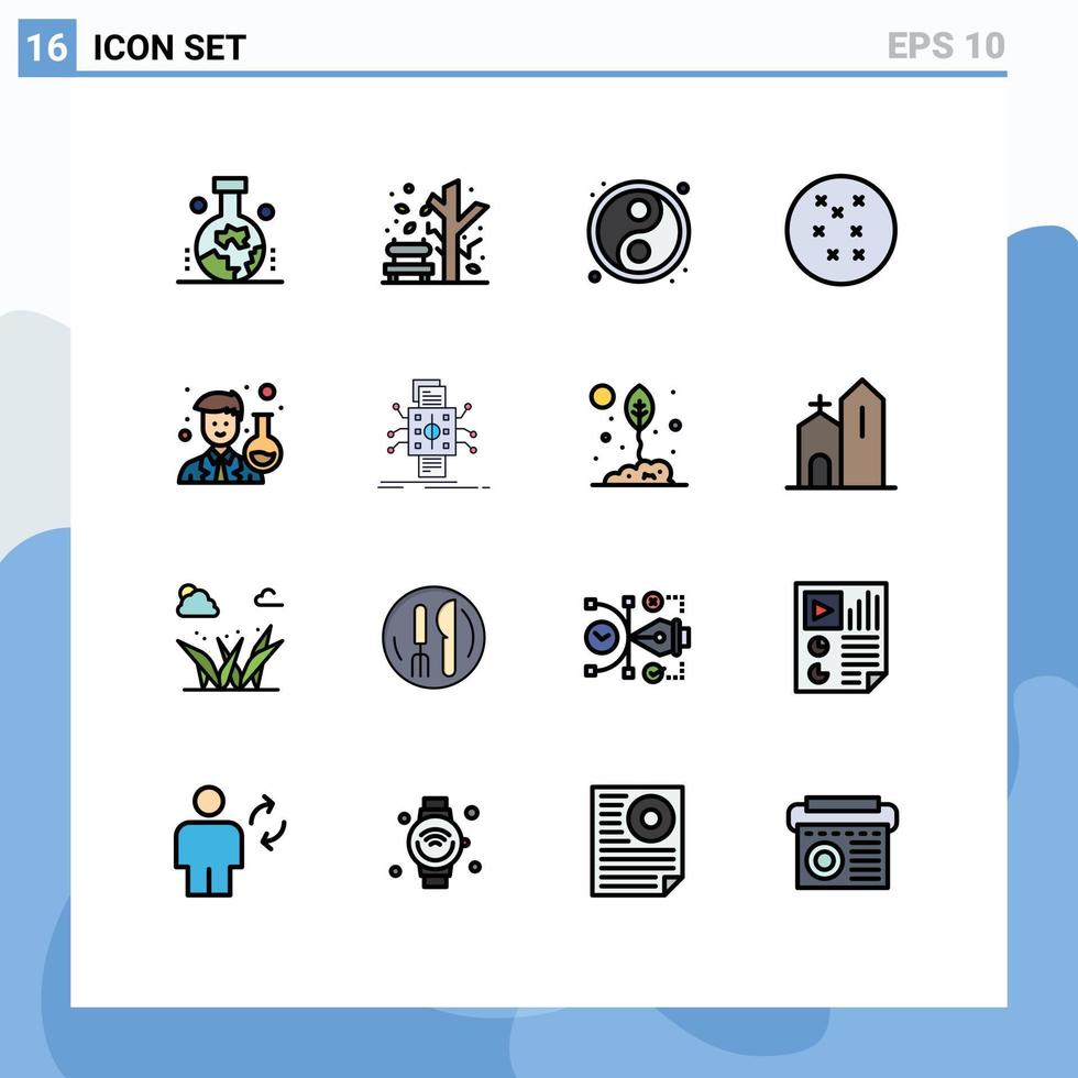 paquete de líneas llenas de color plano de 16 símbolos universales del científico de datos yin yang hombre científico elementos de diseño de vectores creativos editables